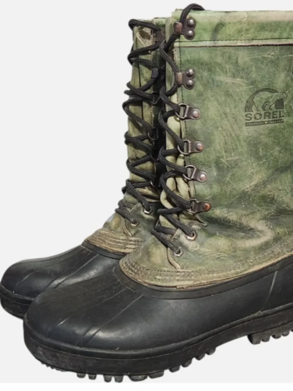 Sorel Snow Winter Boots Men's Size 10 Green Black Rubber Leather Lace Up Liner